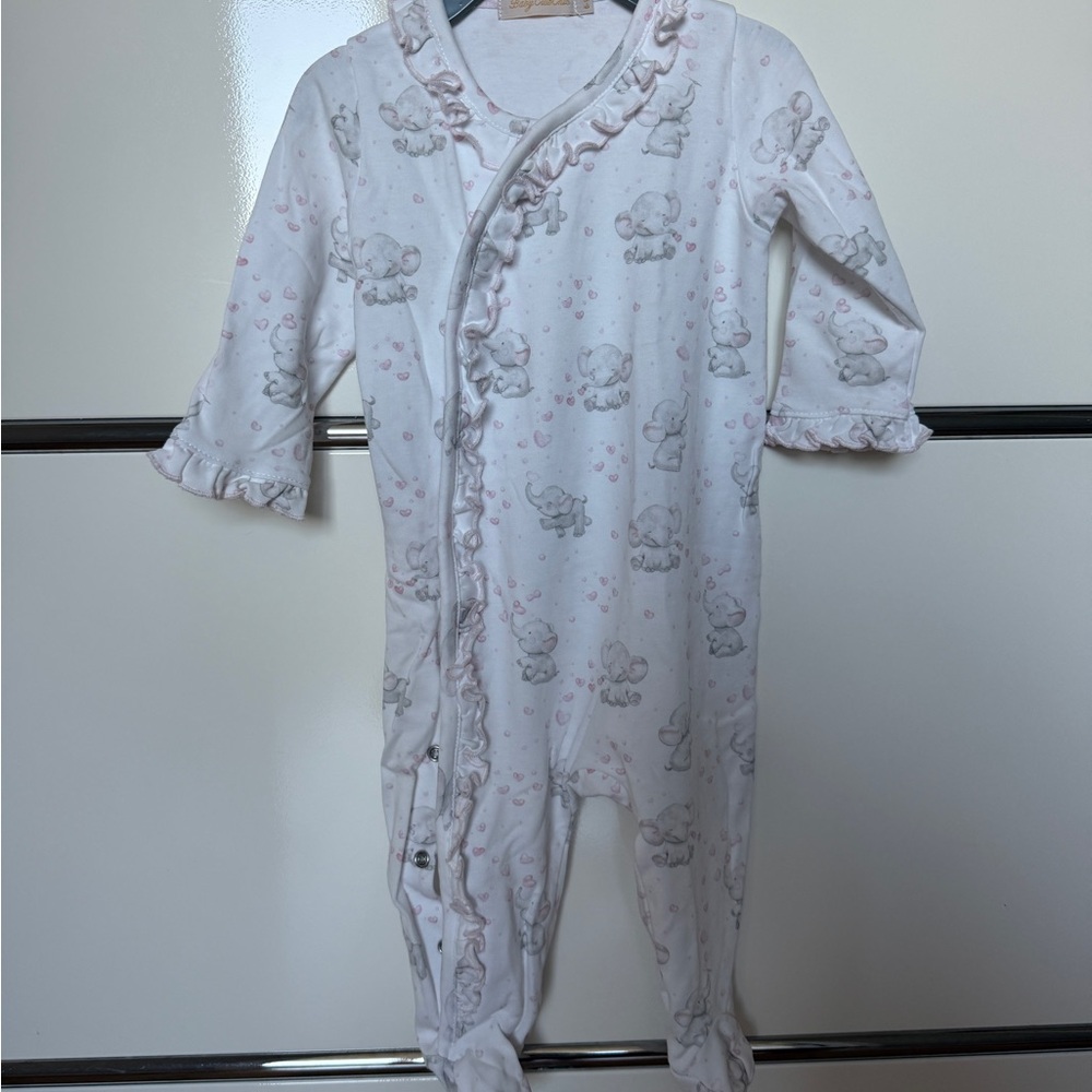 Baby Club Chic 100% Pima cotton footie Pink and White ruffled edge girls 6-9mo